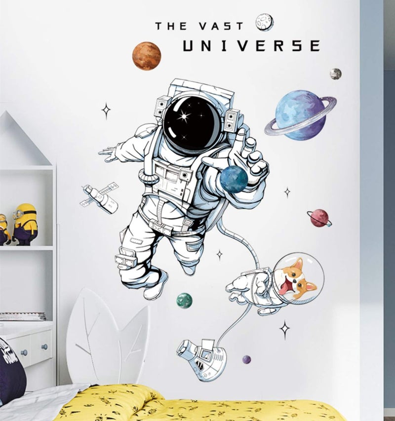 ROFARSO Astronaut Wall Stickers Planet Space Corgi Dog DIY Vinyl Removable Large Wall Decals Art Decorations Decor for Kids Boys Bedroom Living Room Playing Room Murals - Image 1